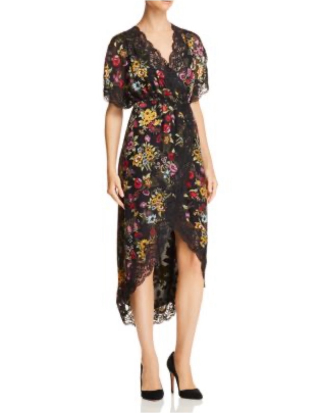 Alice + Olivia Adele Midi Wrap Floral Black Dress